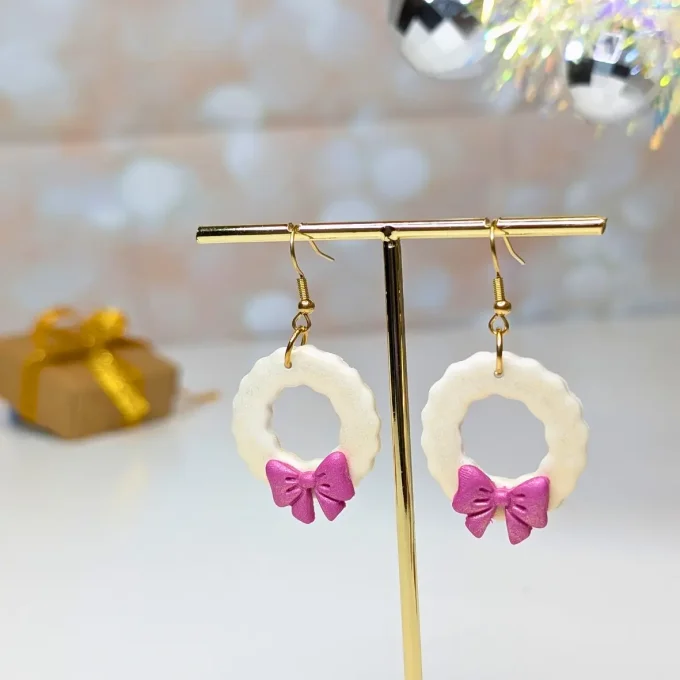 Boucles d'oreilles Couronnes de Noel blanc irisé or et rose