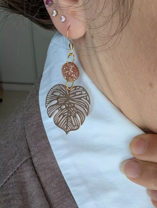 boucles d'oreilles femme monstera champagne paillettes dorées