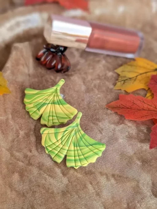 Boucles d'oreilles Feuilles de Ginkgo vert et jaune