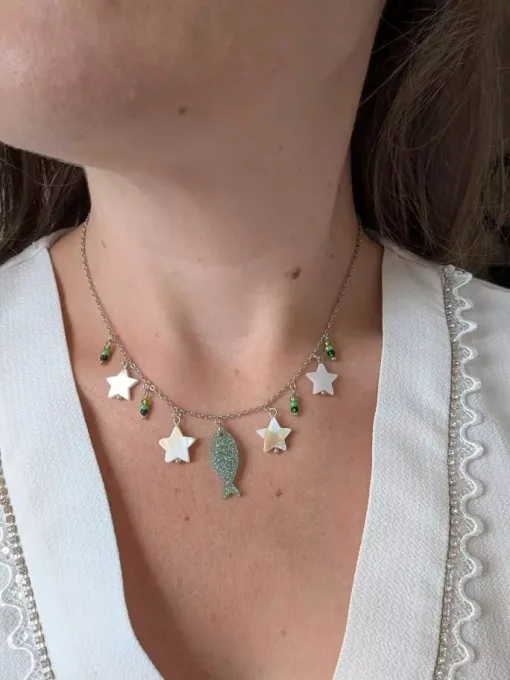 collier poisson vert pailleté